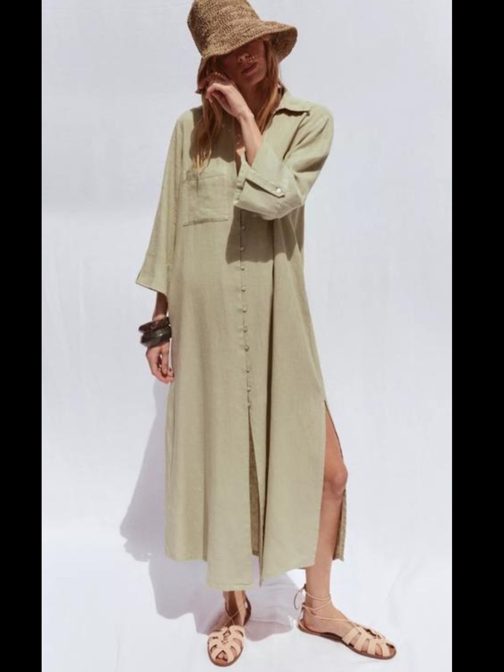Button-Front Maxi Shirt Dress in Light Olive